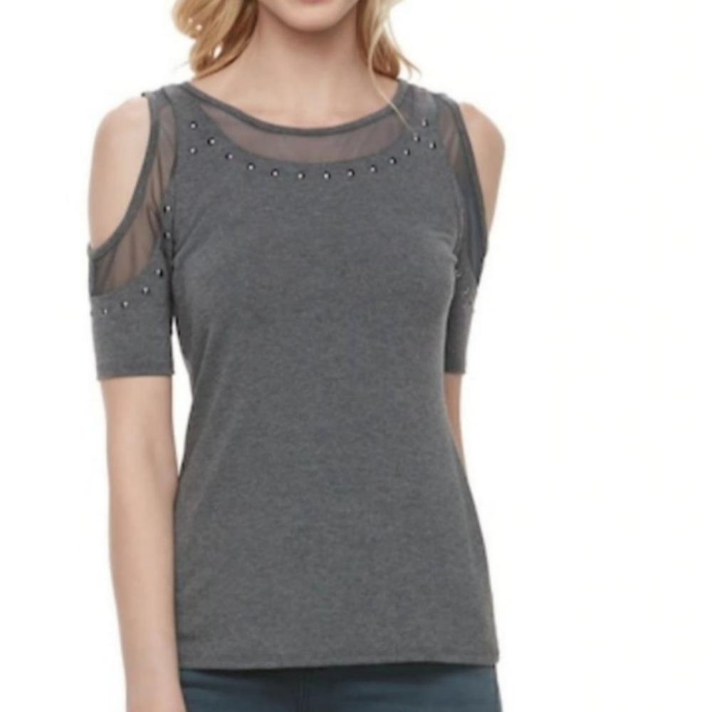 Rock & Republic Gray Cold-Shoulder Short Sleeve Tee with Studded Mesh Yoke
